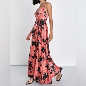 Lulu's Pink and Black Floral Wrap Satin Maxi Dress